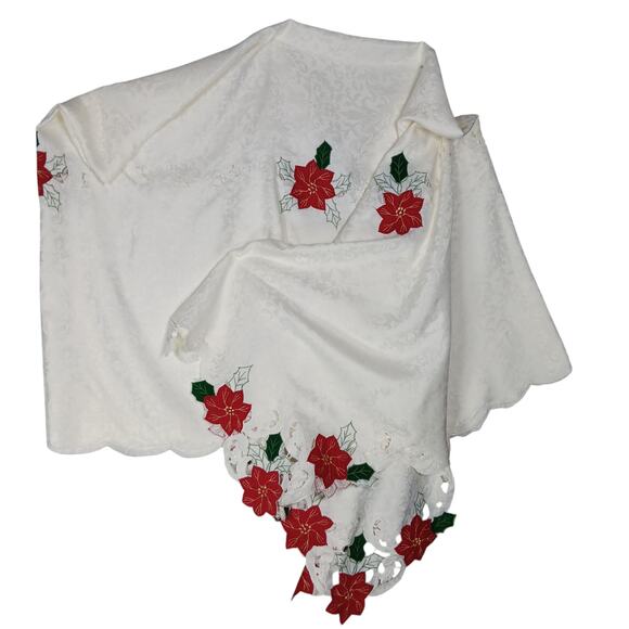 Christmas Embroidered Table Cloth White With Red Ponsettias Sewn On 60" x 120"